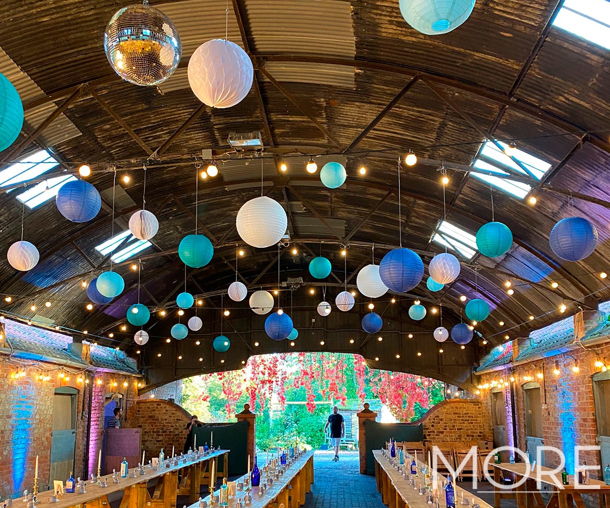 Crayke Manor Wedding Décor Festoon Light and Paper Lantern Ceiling Canopy