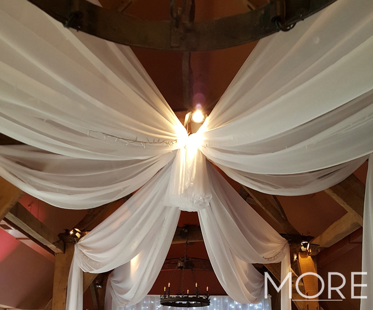 Tithe Barn Wedding Décor White Voile Radial Ceiling Drapes with Fairy Lights
